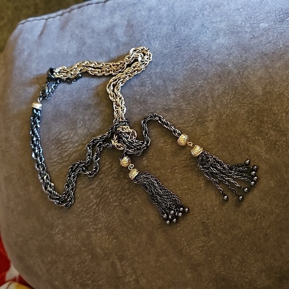 VTG Chunky Chain Two-tone Negligee Lariat Tassel Necklace - Picture 2 of 7